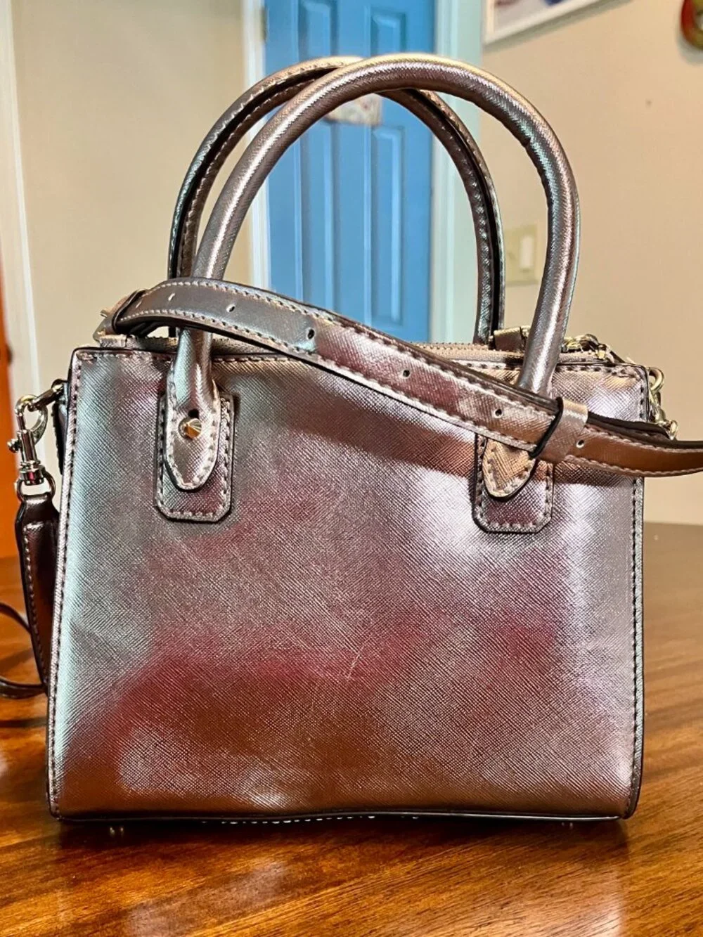 Metallic Guess Liya Petite Girlfriend Satchel w/ Glittery Floral Embellishments